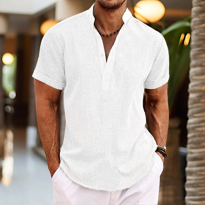 Stand Collar Men's Half Cardigan Cotton And Linen Short Sleeve Shirt